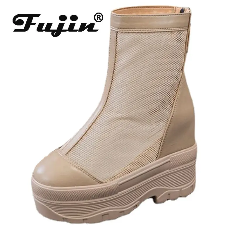 

Fujin/Новые сетчатые ботильоны до середины икры на толстом каблуке 10 см12 см; Летние женские ботинки с перфорацией; Модная обувь на танкетке в байкерском стиле