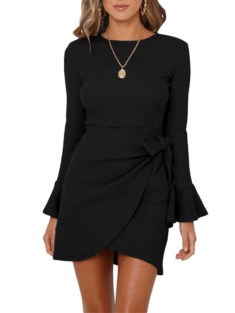 

Women s Crew Neck Long Flared Sleeve Side Tie Knot Knitted Party Club Mini Dress for Fall Spring