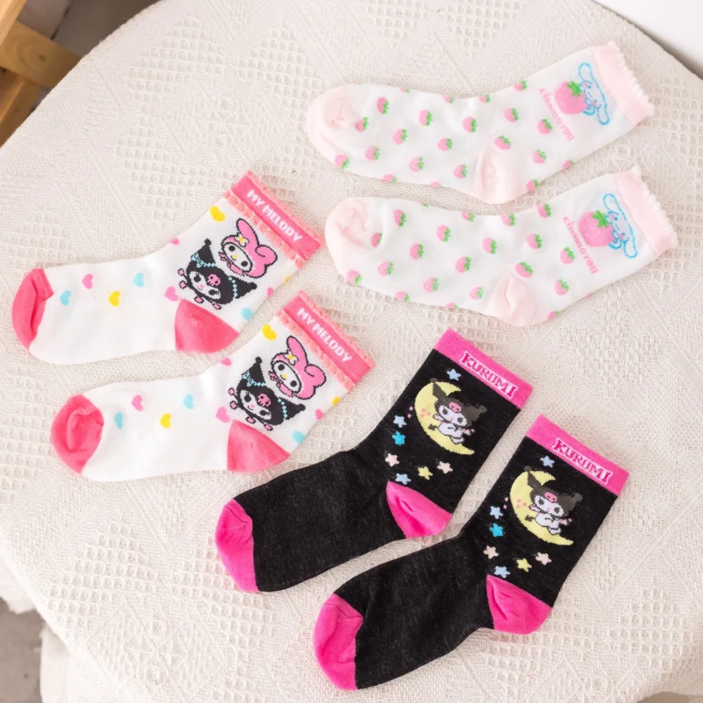 

1 пара милых аниме Cinnamoroll My Melody Kuromi короткие носки Мультяшные хлопковые носки-трубы студенческие носки повседневные женские носки с сердечк...