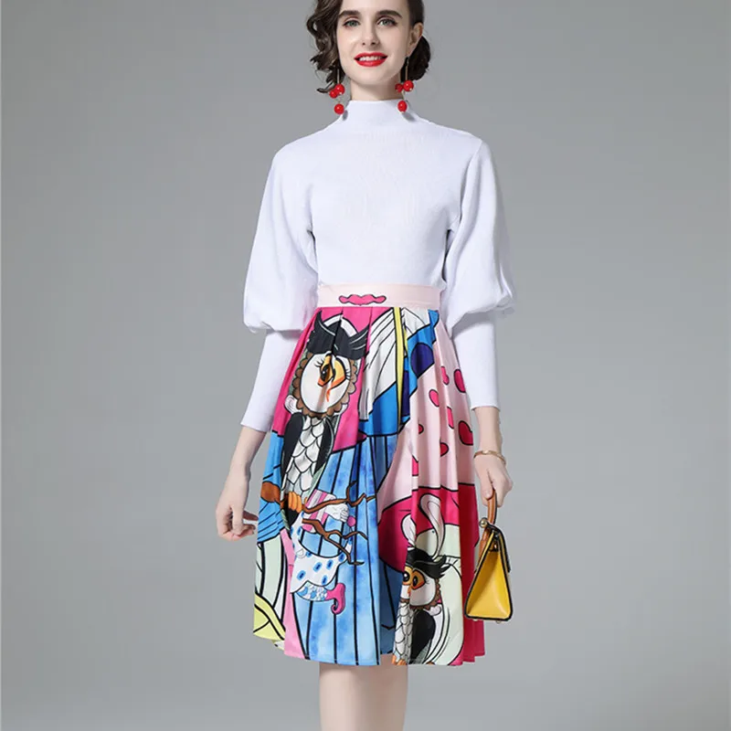 

Женский осенний комплект из двух предметов, элегантный вязаный свитер с рукавами-фонариками и Юбка До Колена с высокой талией и принтом