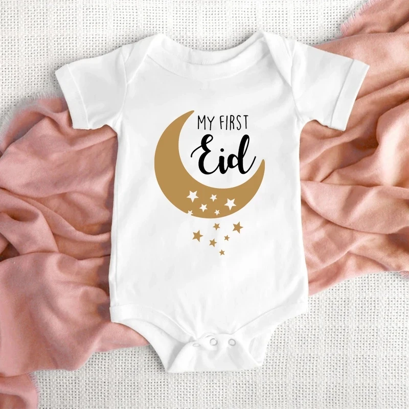 

My First Eid Print Newborn Infant Clothes Festive Party Baby Toddler Jumpsuits Boys Girls Short Sleeve Bodysuits Ramadan Outfits