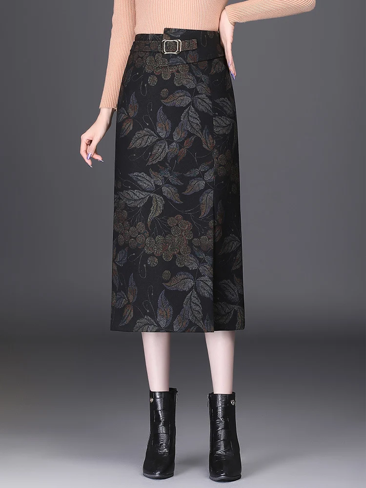 

Fall Winter Yellow Red Print Black Brown Women 2022 Woolen High Waist Pencil Skirt S-3XL Mid-Length Slit Occupation Skirt Female
