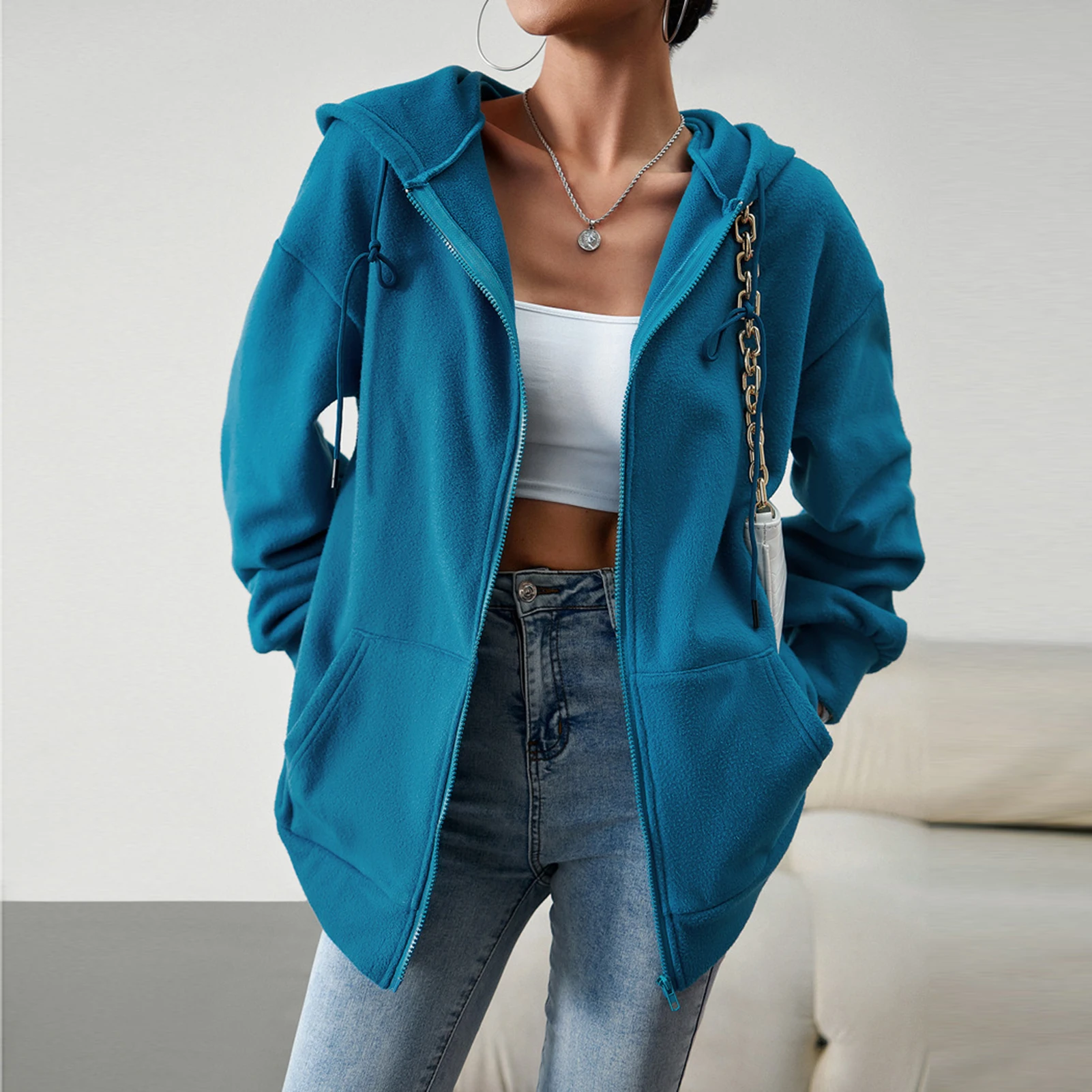 

Women Vintage Oversized Sweatshirt Solid Color Cardigan Hoodies with Pockets Korean Y2k Streetwear Loose Casual Simple Tops