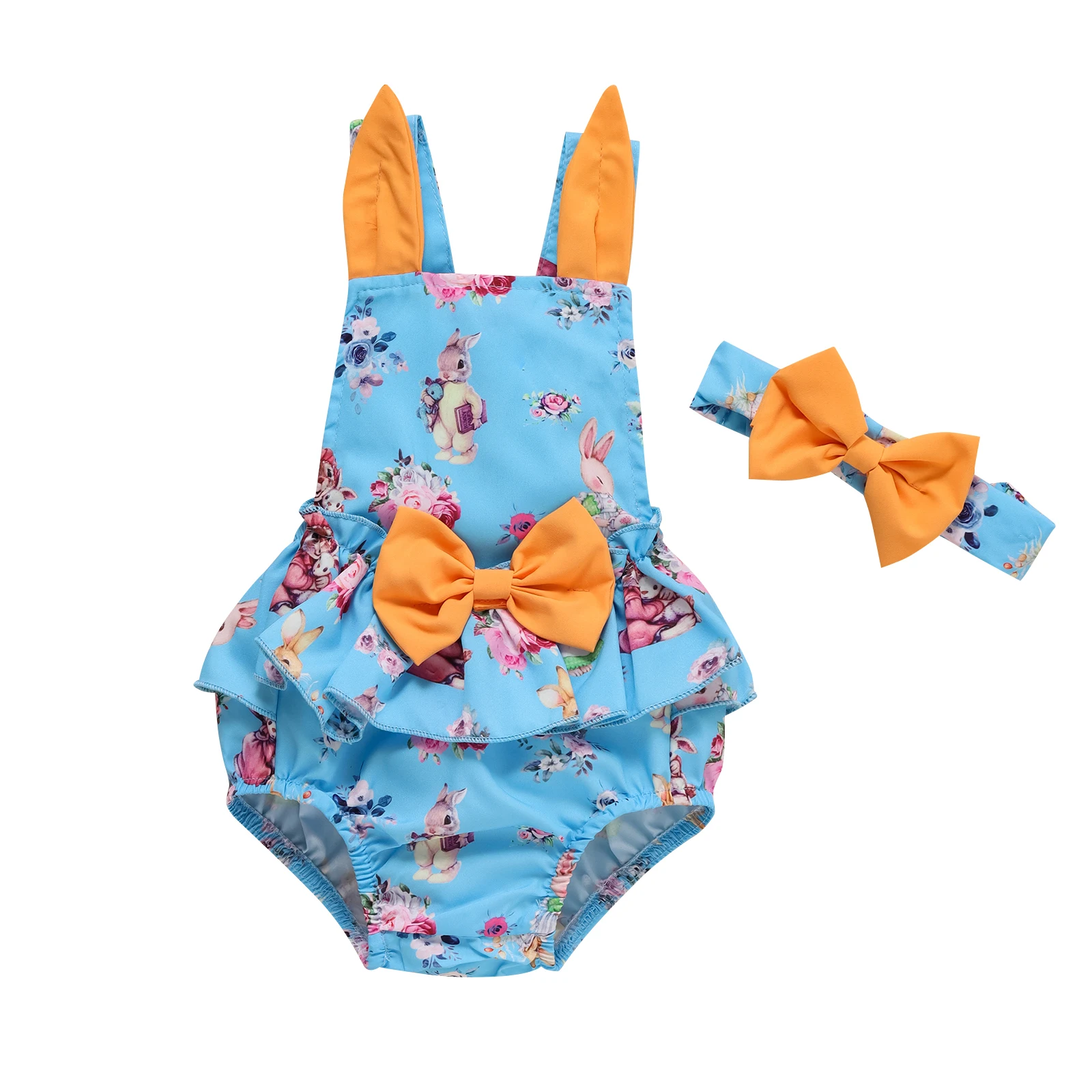 

Newborn Easter Baby Clothing Sleeveless Bodysuit Backless Cute Ears Rabbit Print Bow Decor Jumpsuit with Decorative Headband
