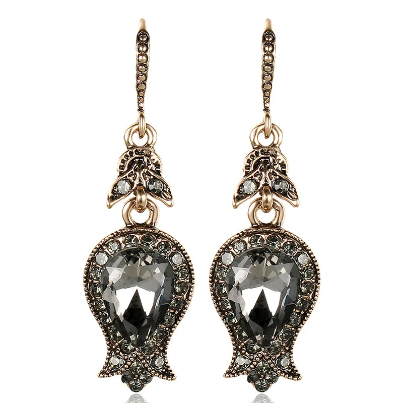 

Grier 2022 New Fashion Gray Crystal Long Earrings For Women Antique Gold Color Beach Party Earrings Vintage Jewelry Girls Gift