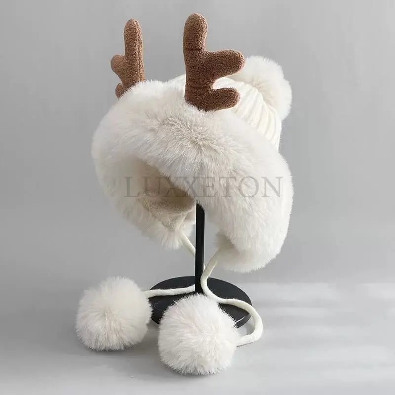 

Winter Cute Reindeer Warm Hat Women Beanies Windproof Cap Student Women Add Wool Cap Female Hat Present Girls Christmas Gifts