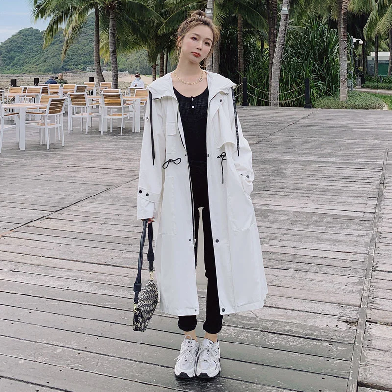 

Spring 2022 New Casual Work Coat Korean Loose Hooded Waist Closing Temperament White Windbreaker Woman Fashion Young Sports Best