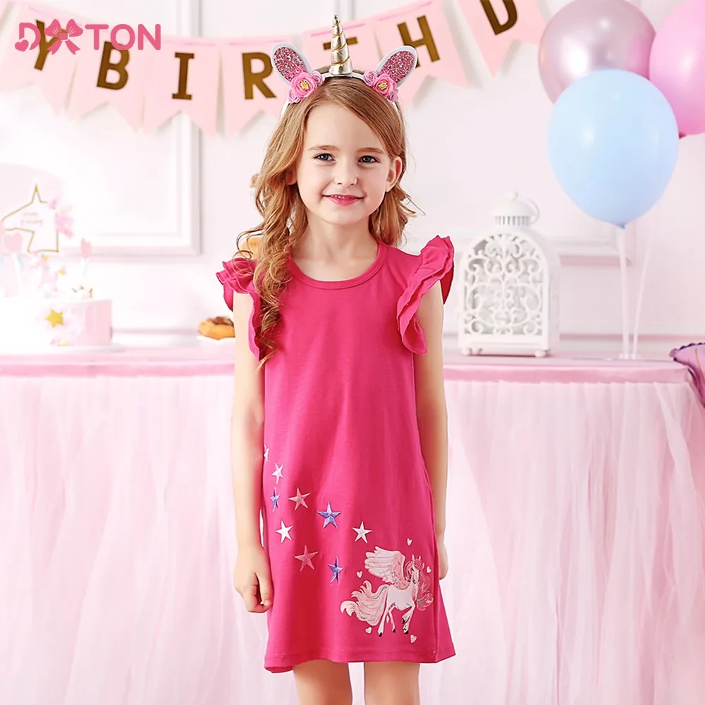 

DXTON Unicorn Dress For Girls Cartoon Casual Summer Sundress Toddler Flying Sleeve Vestidos Kids Clothing Pink Dress 3-8 Years
