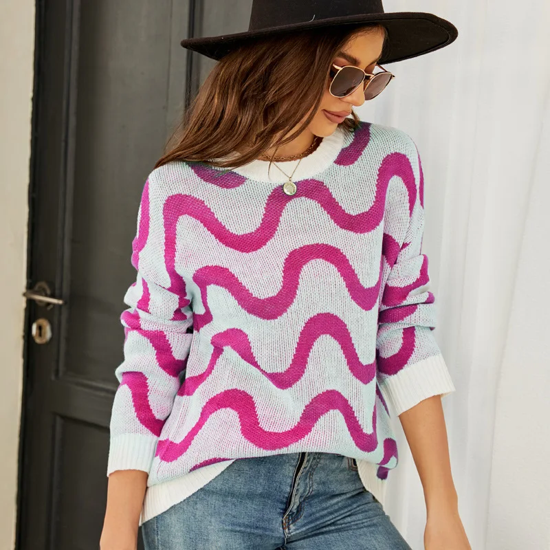 

Casual Knitted Pullover long Sleeve Wavy Color Matching Knit Sweater Spring Autumn Loose Crewneck Knitwear Top For Women