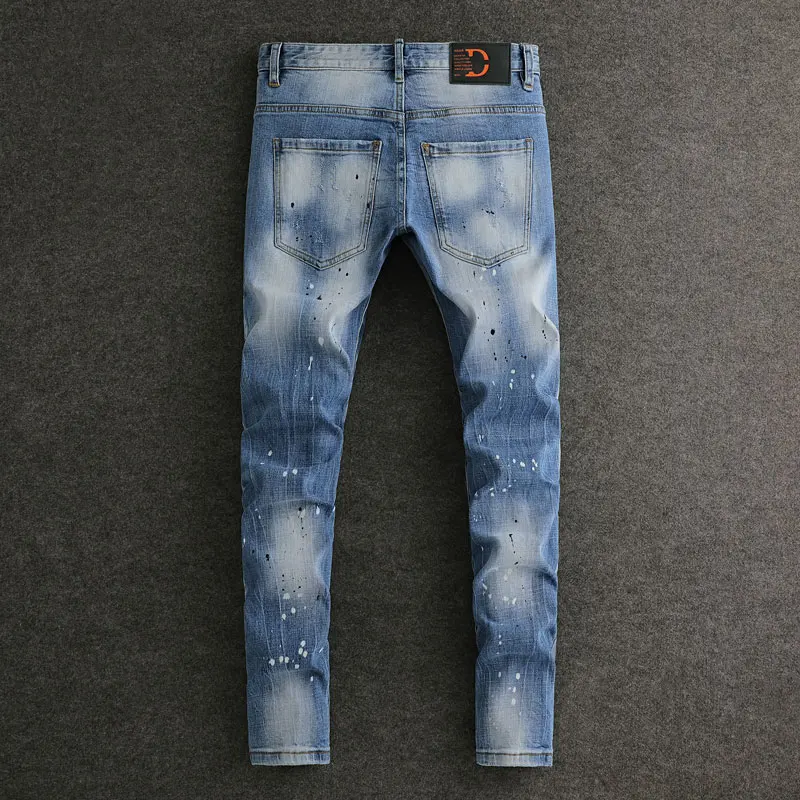 Уличная мода Мужские джинсы Ретро Светло-голубые эластичные облегающие рваные