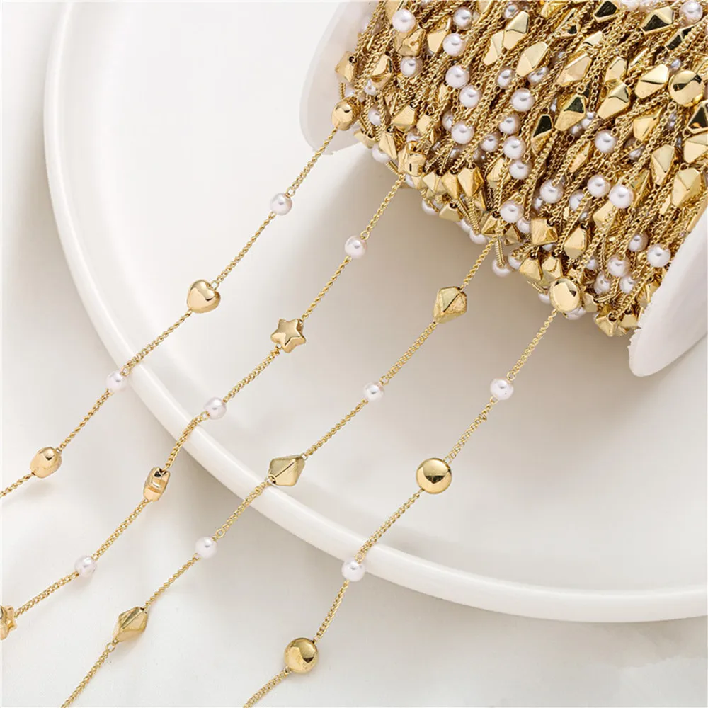 

18 karat gold clad pearl chain love flat beads diamond star spacer bead chain loose chain diy handmade jewelry materials