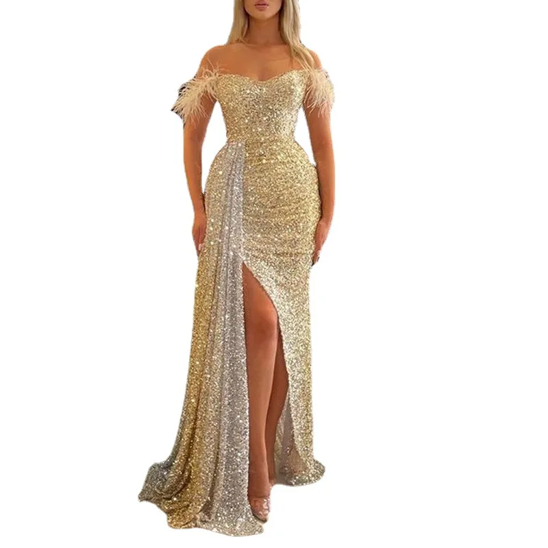 2023 New in Women Elegant Formal Dress Off-Shoulder Feather Backless Mermaid Sexy Sequins Evening Party Cocktail Vestidos