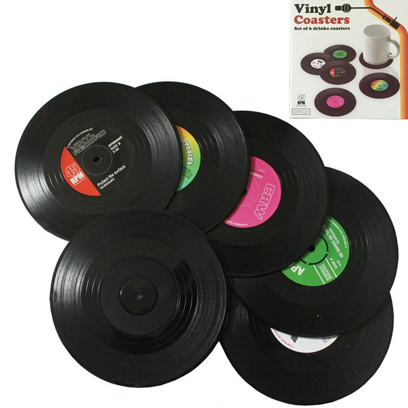 

6pcs Retro Vinyl Record Cup Coaster Anti-slip Coffee Coasters Heat Resistant Music Drink Mug Mat Table Placemat Home Decor
