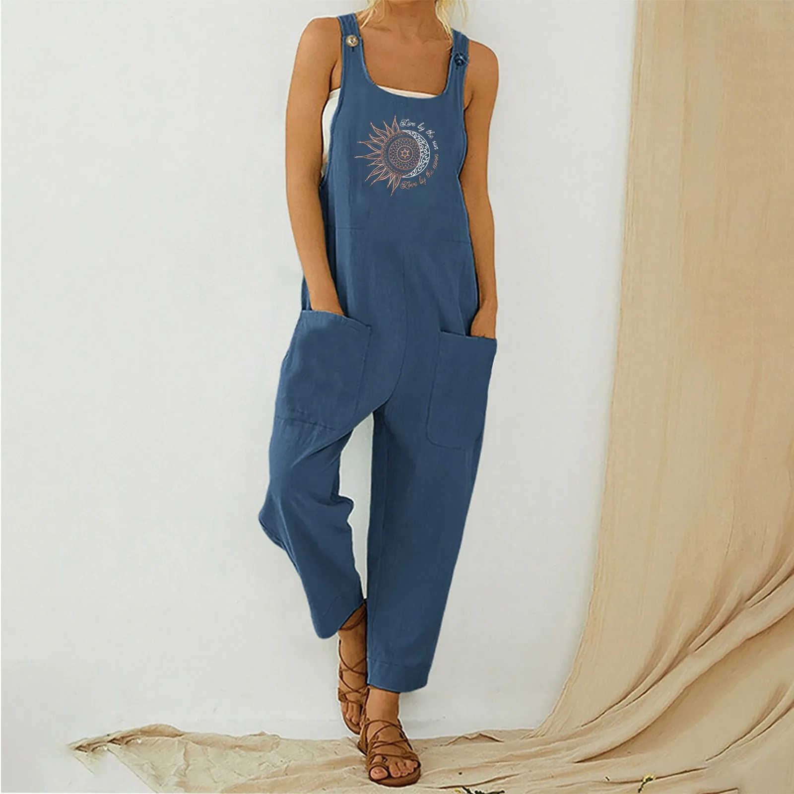 

Women Casual Jumpsuit Boho Sunfloral Pockets Print Womens Straps off Shoulder Jumpsuit Racing Jumpsuit for Women Jumpsuit Length