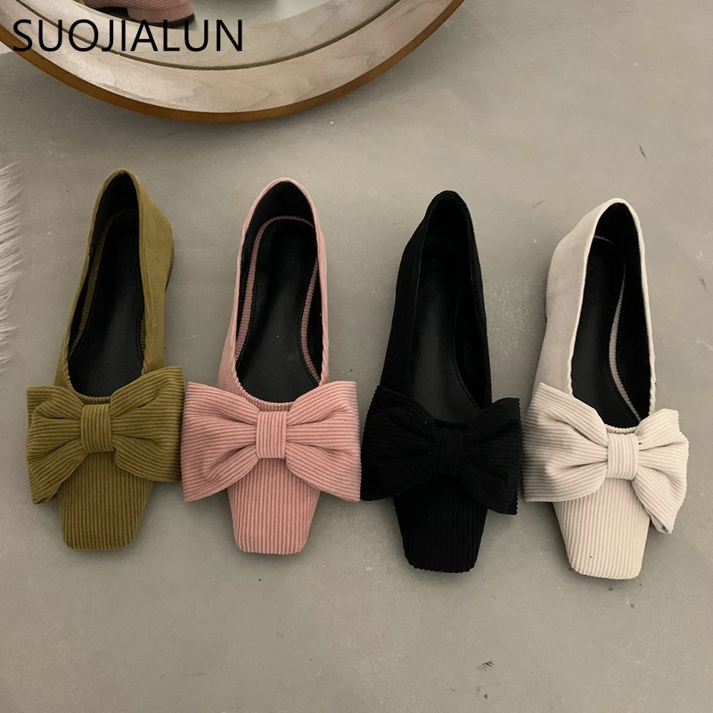 

SUOJIALUN 2023 Spring New Women Flats Ballet Square Toe Slip On Casual Loafer Fashion Big Bow-knot Shallow Ballerina Female Muje
