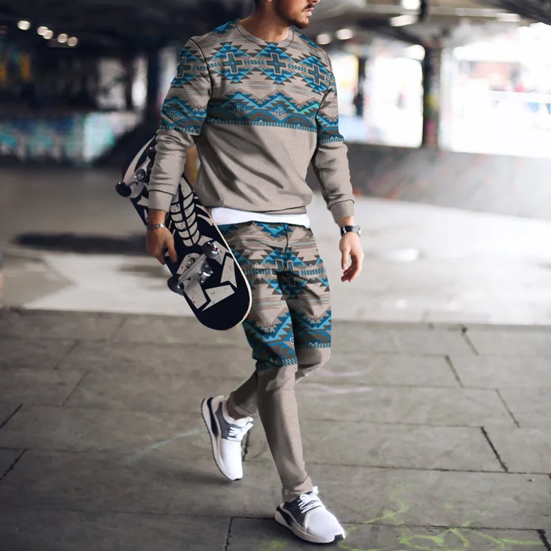 Men Tracksuit Plaid Long Sleeve T Shirt Casual Sweatshirt Pants 2-piece Set Jogging Outfits Streetwear Oversized Man Clothing