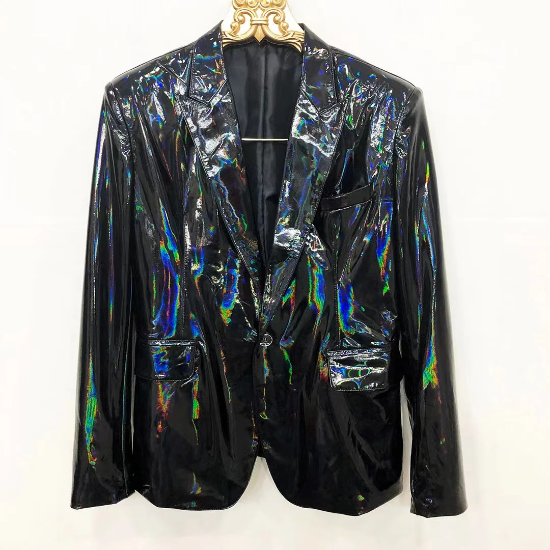 Bar Male Singer Black Shiny PU Leather Blazer Coat One Button Slim Soft Paint Jacket Stage Performance Costume Plus Size