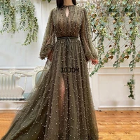 olive green evening dresses gowns 2022 luxury pearls long lantern sleeve mujer invitada evening party dresses for women