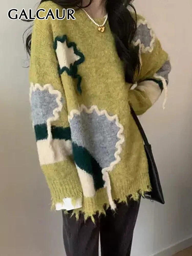 

GALCAUR Individuality Knitting Pullover For Women Round Neck Long Sleeve Colorblock Loose Sweaters Female Clothing Autumn Casual