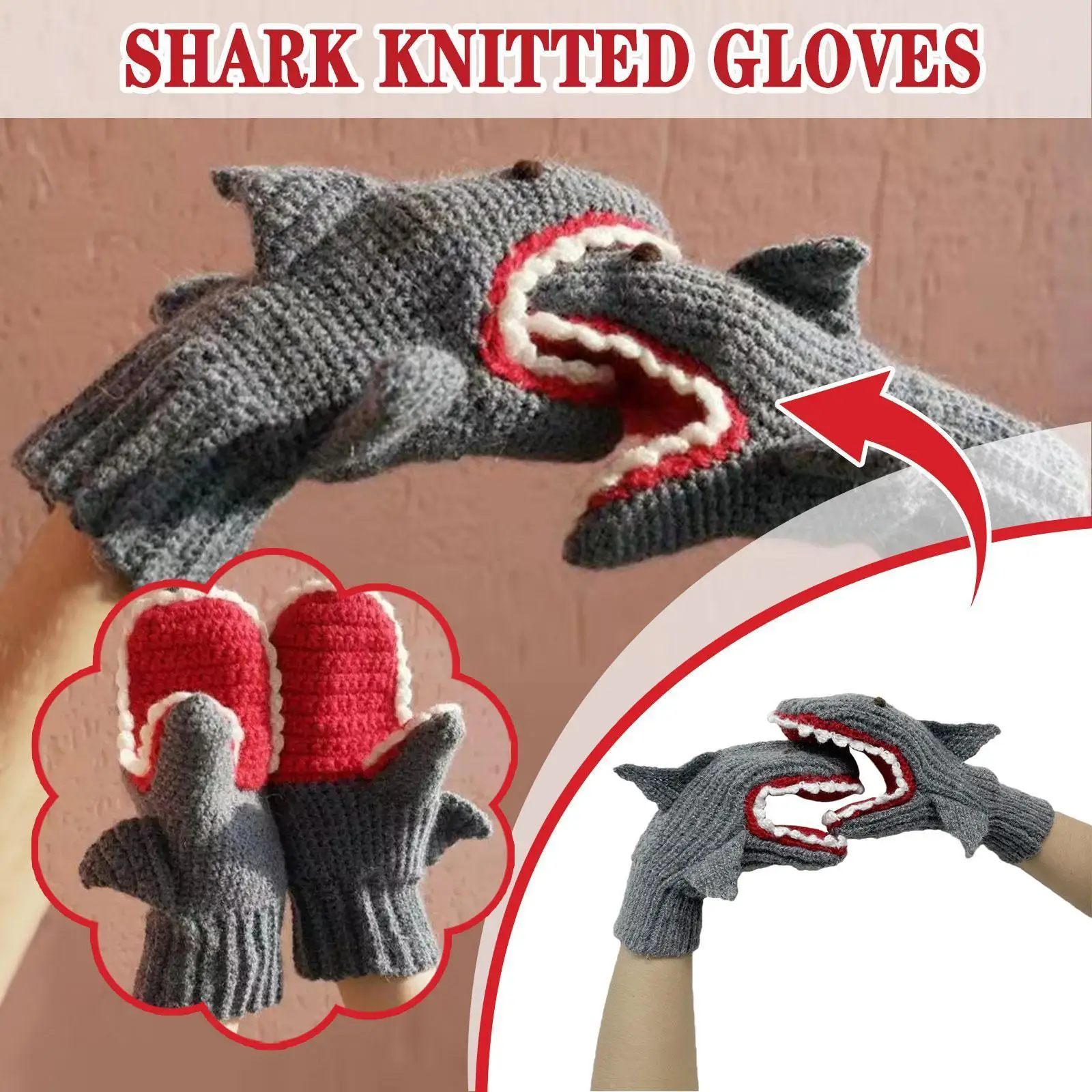 

Вязаные перчатки в виде акулы, креативные Рождественские перчатки с головой акулы, теплые зимние перчатки, вязаные перчатки для женщин и му...