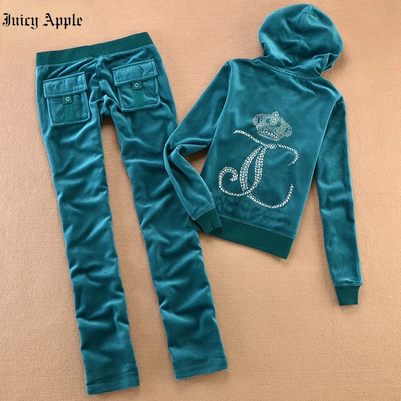 Juicy Apple Tracksuit Hooded Women Set Zipper Sweatshirt And Pants Set Outfits New Letter Print Two Piece Velvet Suit Sportswear
