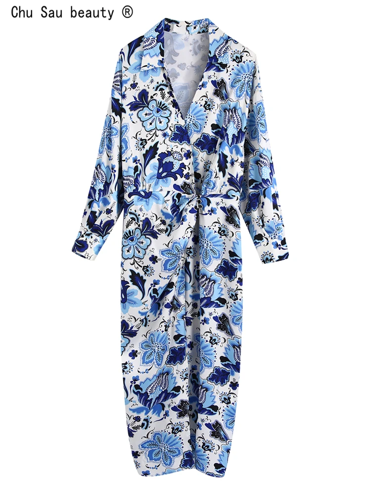 

French Vintage 2022 Spring New Fashion Casual Lapel Long Sleeve Boho Style Floral Print Dress For Women Vestido
