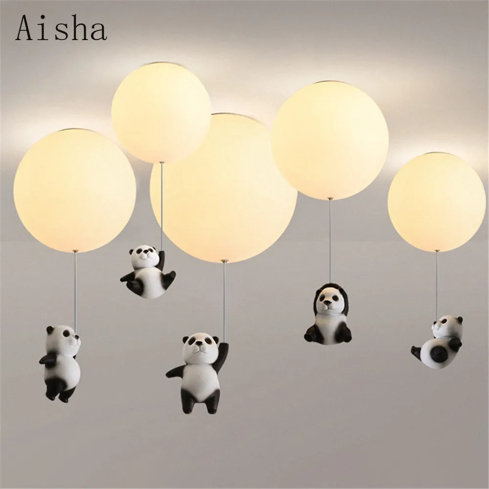 Creative Children Resin Panda Glass Balloon Led Chandeliers Lighting For Boys Bedroom Study Nursery Interior Design Deco Fixture