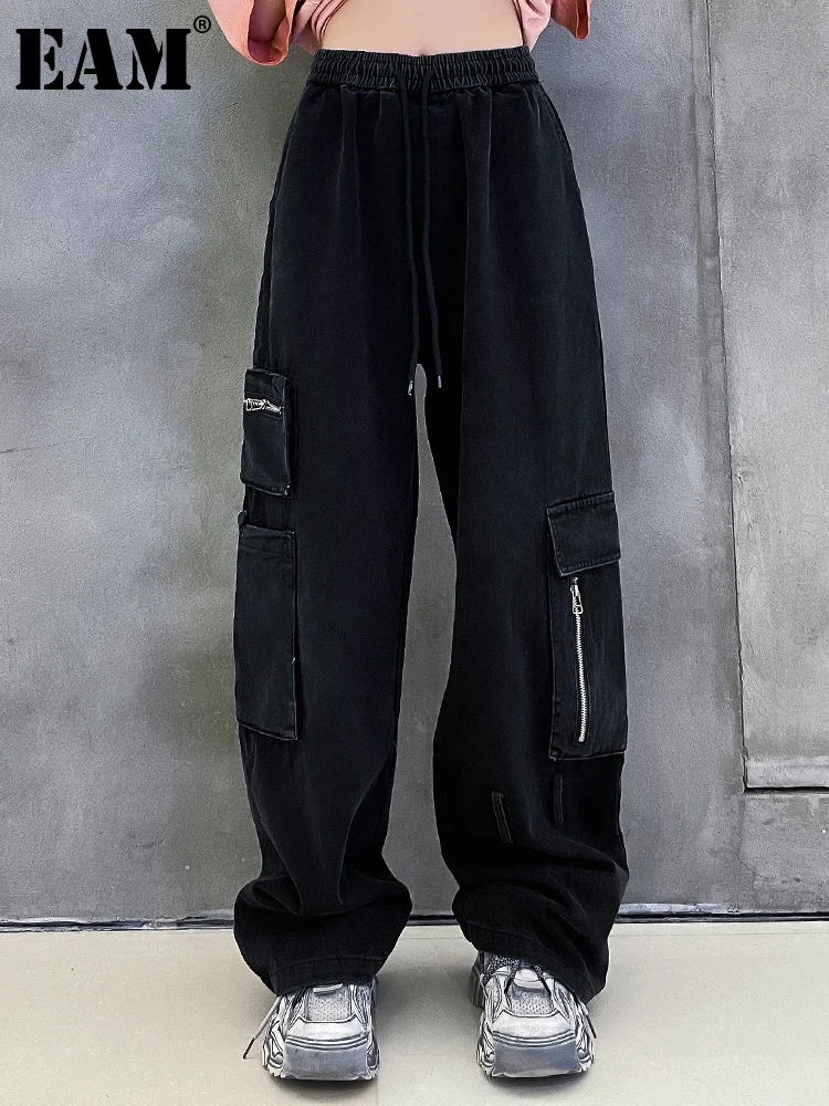 

[EAM] High Elastic Waist Black Pocket Long Wide Leg Trousers New Loose Fit Pants Women Fashion Tide Spring Autumn 2022 1DE7219