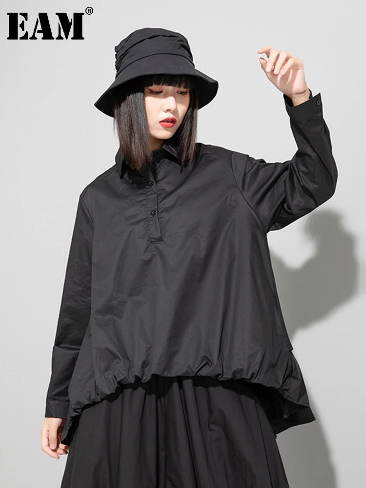 

[EAM] Women Black Ruffles Irregular Big Size Blouse New Lapel Long Sleeve Loose Fit Shirt Fashion Spring Autumn 2022 1DE6621
