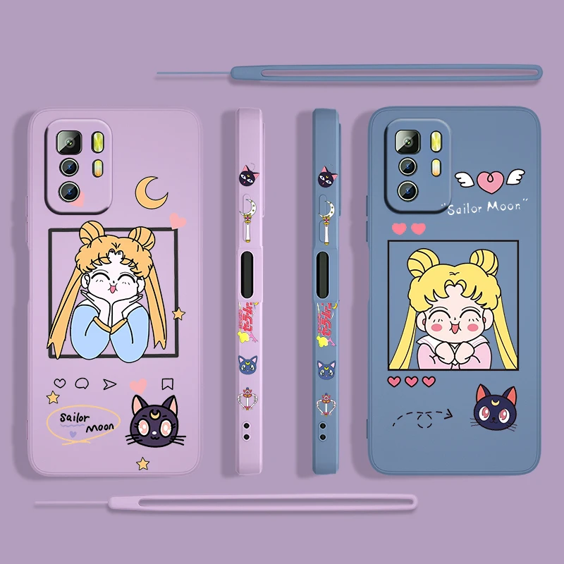 

Cute Sailor Moon Girl For Xiaomi Redmi Note 11 11S 10 10S 9 9S 9T 8 8T 7 5 Pro 5G TPU Liquid Left Rope Phone Case Fundas Cover