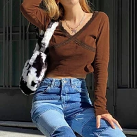spring new crop top brown indie aesthetic y2k knitwear long sleeve pullovers lace v neck 2021 fashion tshirt women casual autumn