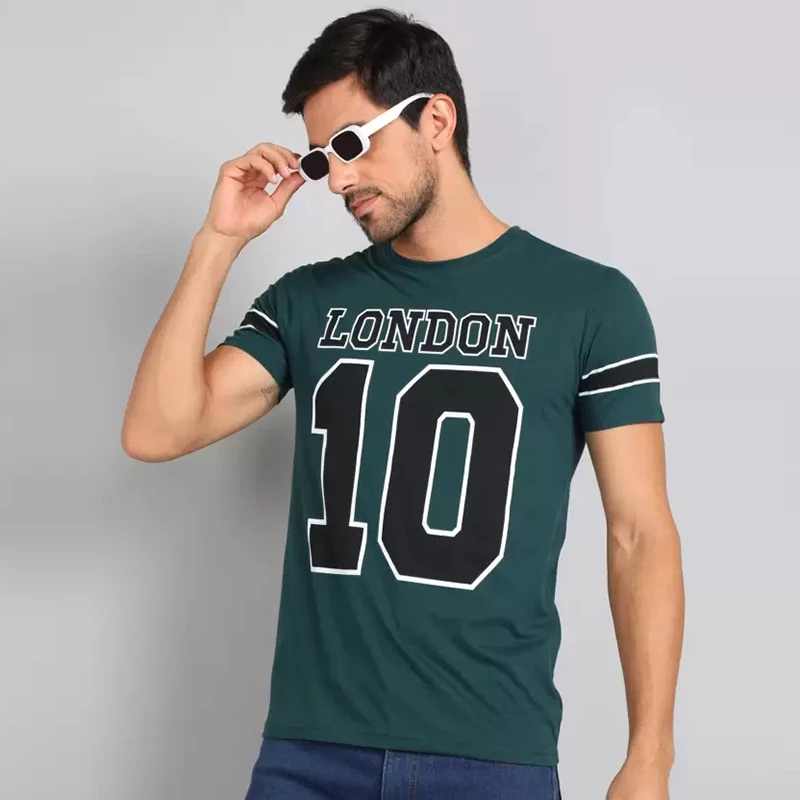 

Graphic Letter Number Print Dark Green Men T-Shirt High Quality O-Neck Short Sleeve Casual Top Summer Football Clothes Pullover