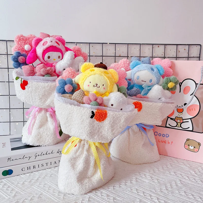 

Sanrio Аниме Фигурка HelloKitty Kawaii Kuromi My Melody Cinnamoroll букет из плюшевых игрушек Pom Purin Мультяшные детские игрушки подарки