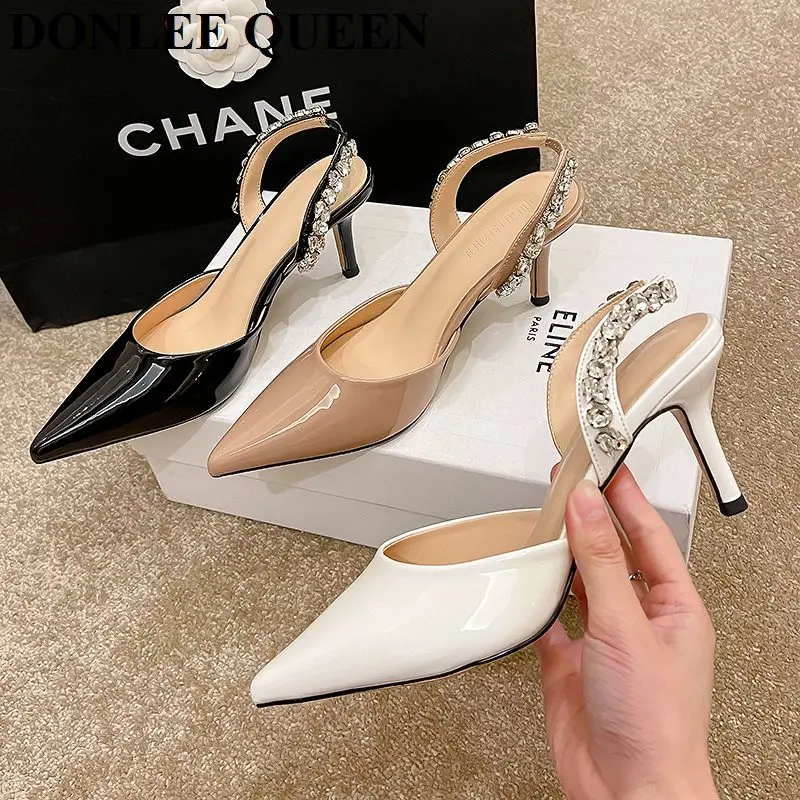 

New Fashion Crystal Sandals Women High Heels Pointed Toe Slingback Shoes Elegant Pumps Slip On Mules Party Bling Sandalias Mujer