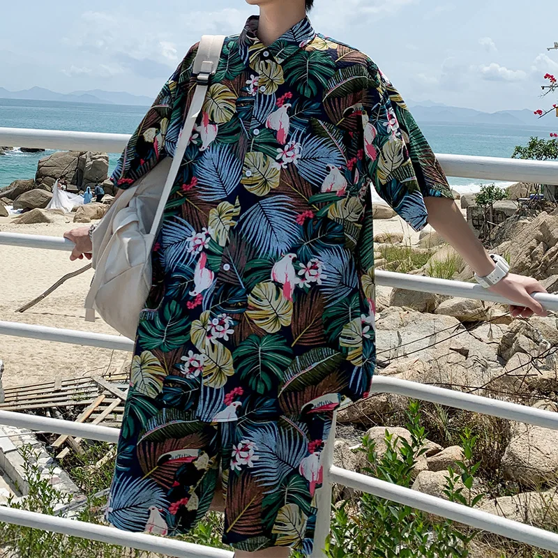 2PCS Men Beach Pajamas Sets Print Floral Short Sleeve T-Shirts&Shorts Sleep Suit Cotton Pyjamas Sleepwear Summer Home Clothes