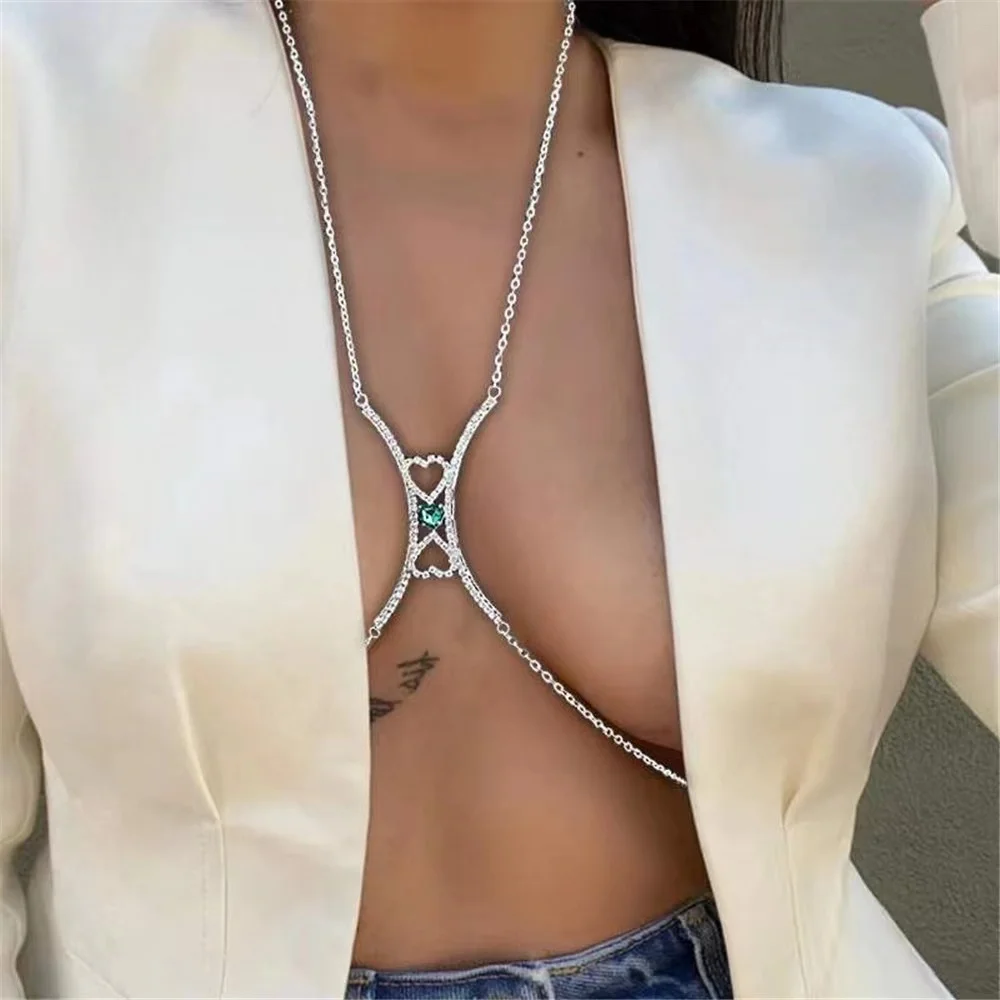

Fashion shining love double round sexy Rhinestone Crystal chest bracket bra chain women's round chest body jewelry bikini chain