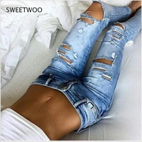2022 new blue jeans pancil pants women mid waist slim hole ripped denim jeans casual stretch skinny trousers