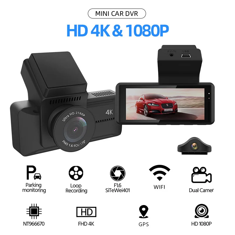 Видеорегистратор автомобильный Acceo 4K FHD 2 камеры GPS 3 16 дюйма поддержка заднего