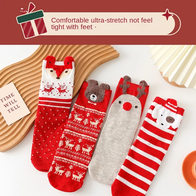 4 Pairs Women Cotton Cartoon Christmas Socks Cute Santa Claus Elk Snow Funny Sock Happy Winter New Year Socks Christmas Gift