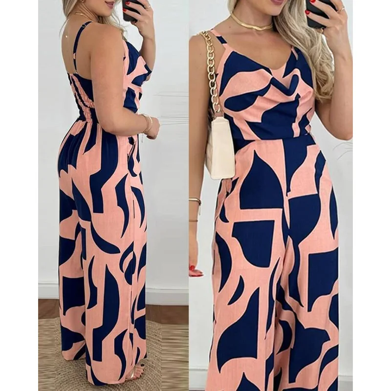 Женский комбинезон с поясом на резинке Ажурный тропическим принтом спине и