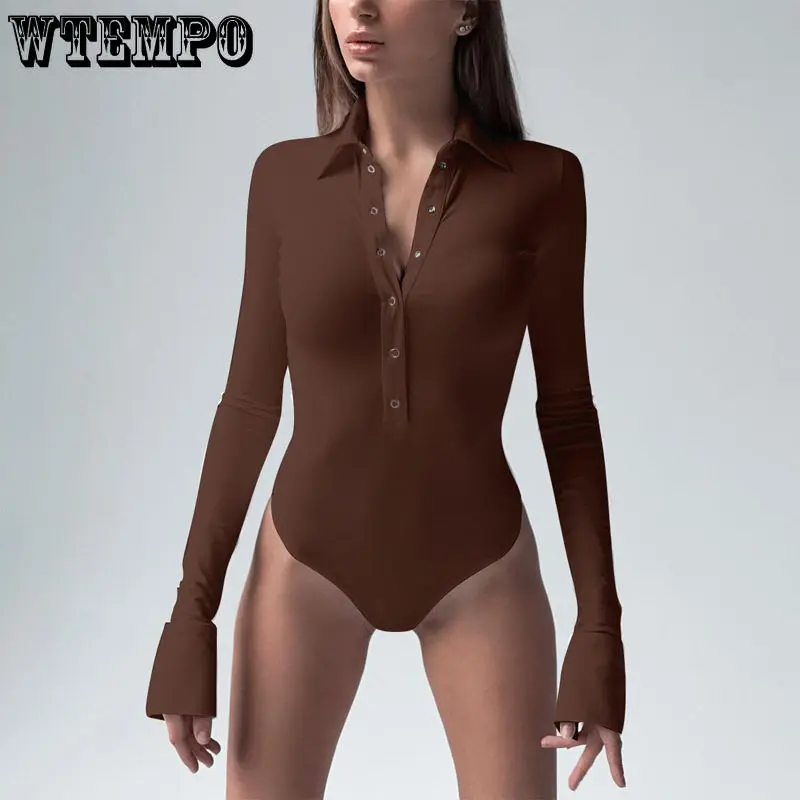 

Women's Onesie Sexy Button Lapel Long Sleeves Slim Fashion Ladies Top Casual Shirt Sexy Nightclub Style Shirt