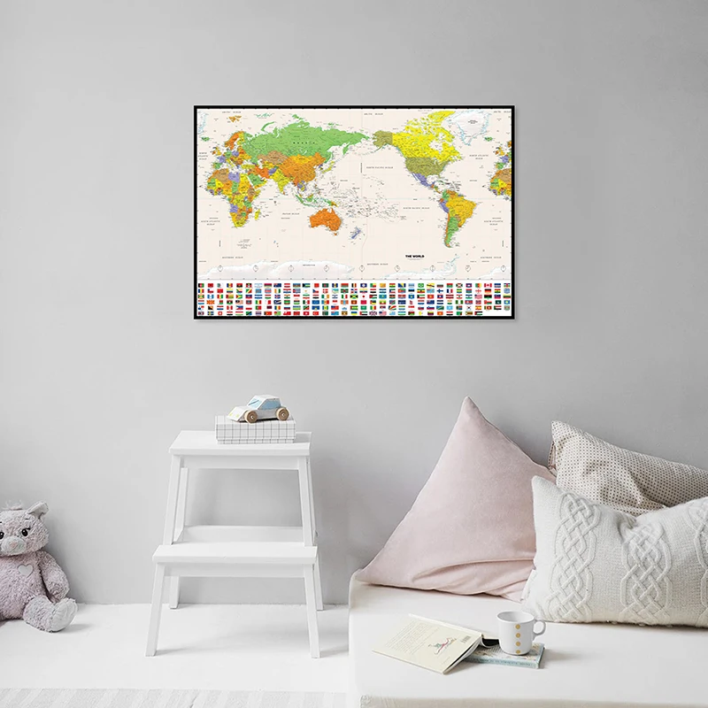 

84x59cm Regular World Map with National Flag Series Background World Map Wall Home Decor Teaching Travel Study Supplies