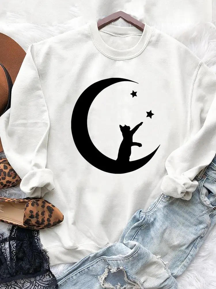 

Moon Star Cat Sweet Animal Cute Clothing Top Casual Autumn Spring Fall Printing Pullovers For Women Female Graphic Sweatshirts