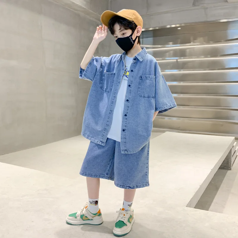 

Summer Boys Set Kids Boutique Clothes Denim Turn Down Collar Short-sleeved Tops+Shorts 2PCS Teenagers Boy Clothing Thin Coats