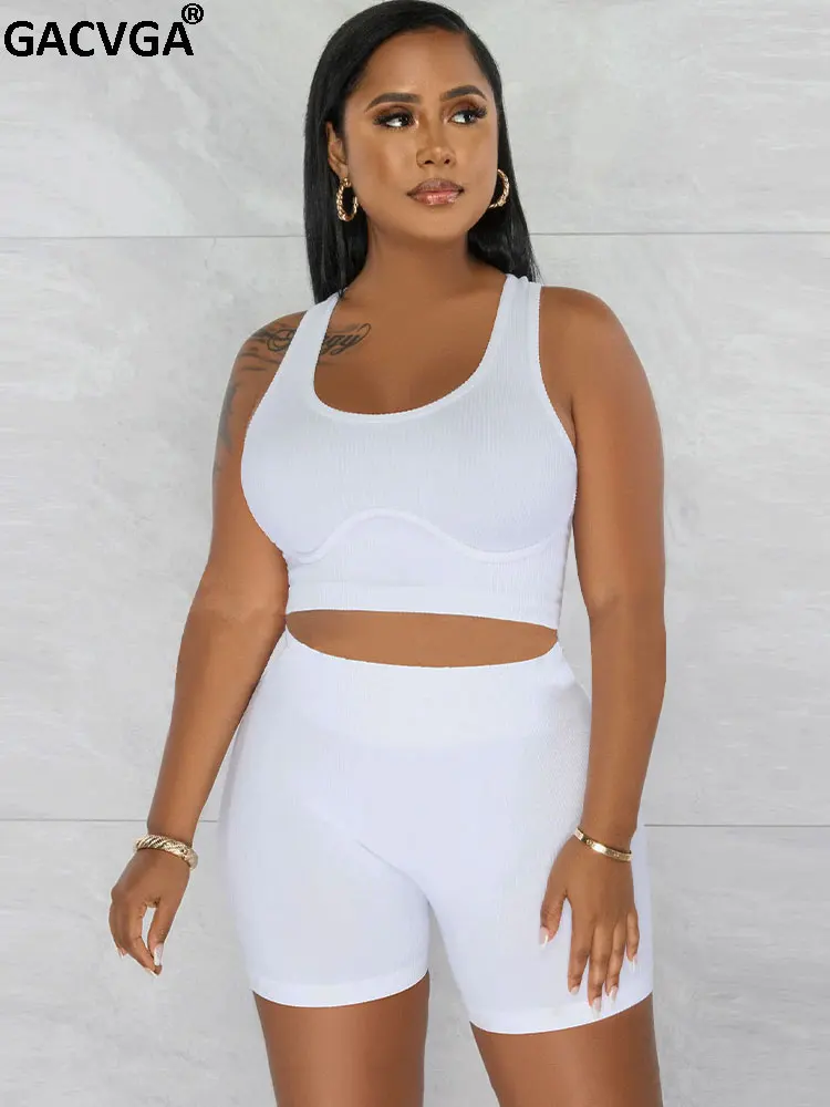 

GACVGA 2023 летний трикотажный эластичный женский укороченный топ и шорты в рубчик, спортивные костюмы, Женские сексуальные комплекты из двух пр...