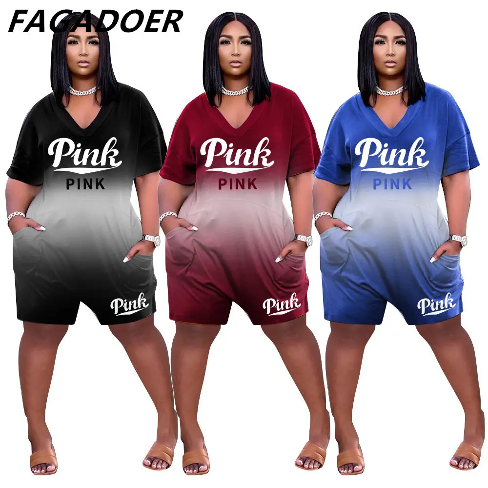 

FAGADOER L-5XL Pink Print Outfits gradient casual Playsuits women pockets shorts Loose jumpsuits wide leg pants one piece Romper