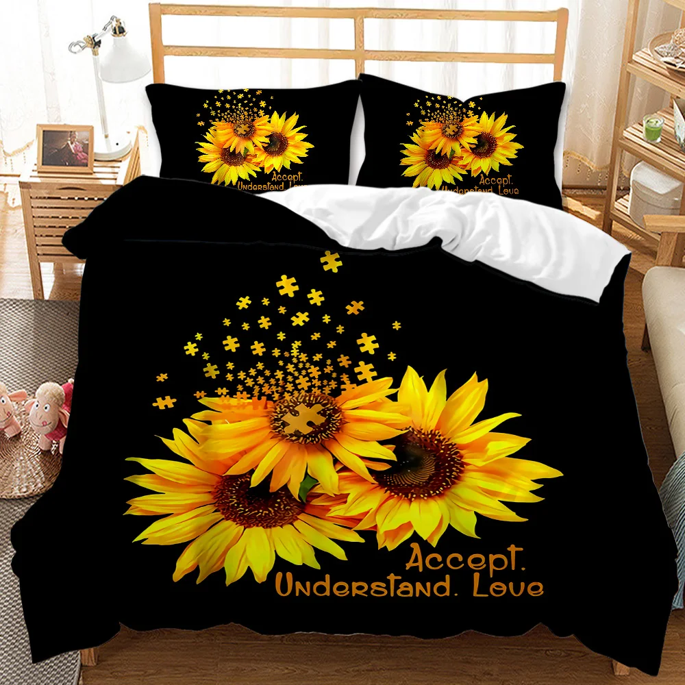 

Sunflower Duvet Cover Set King/Queen Size Print Decor Botanical Plants Yellow Floral Comforter Cover Black Polyester Quilt Cover