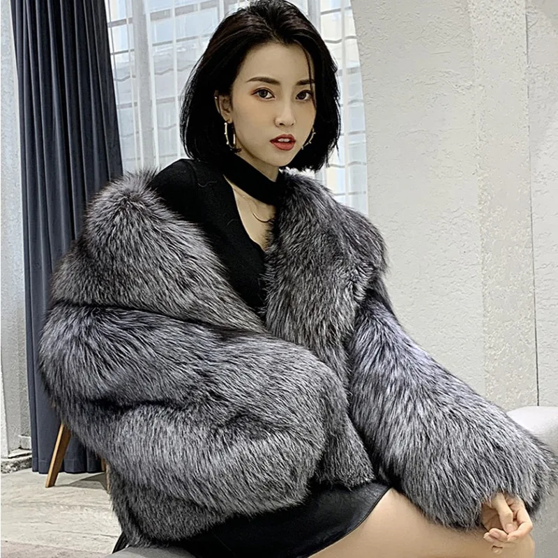 2022 Winter New Imitation Fox Fur Coat Women's Short Fashion Coat Young Silver Fox Fur Lapel Coat Encryption Thickened Faux Fur