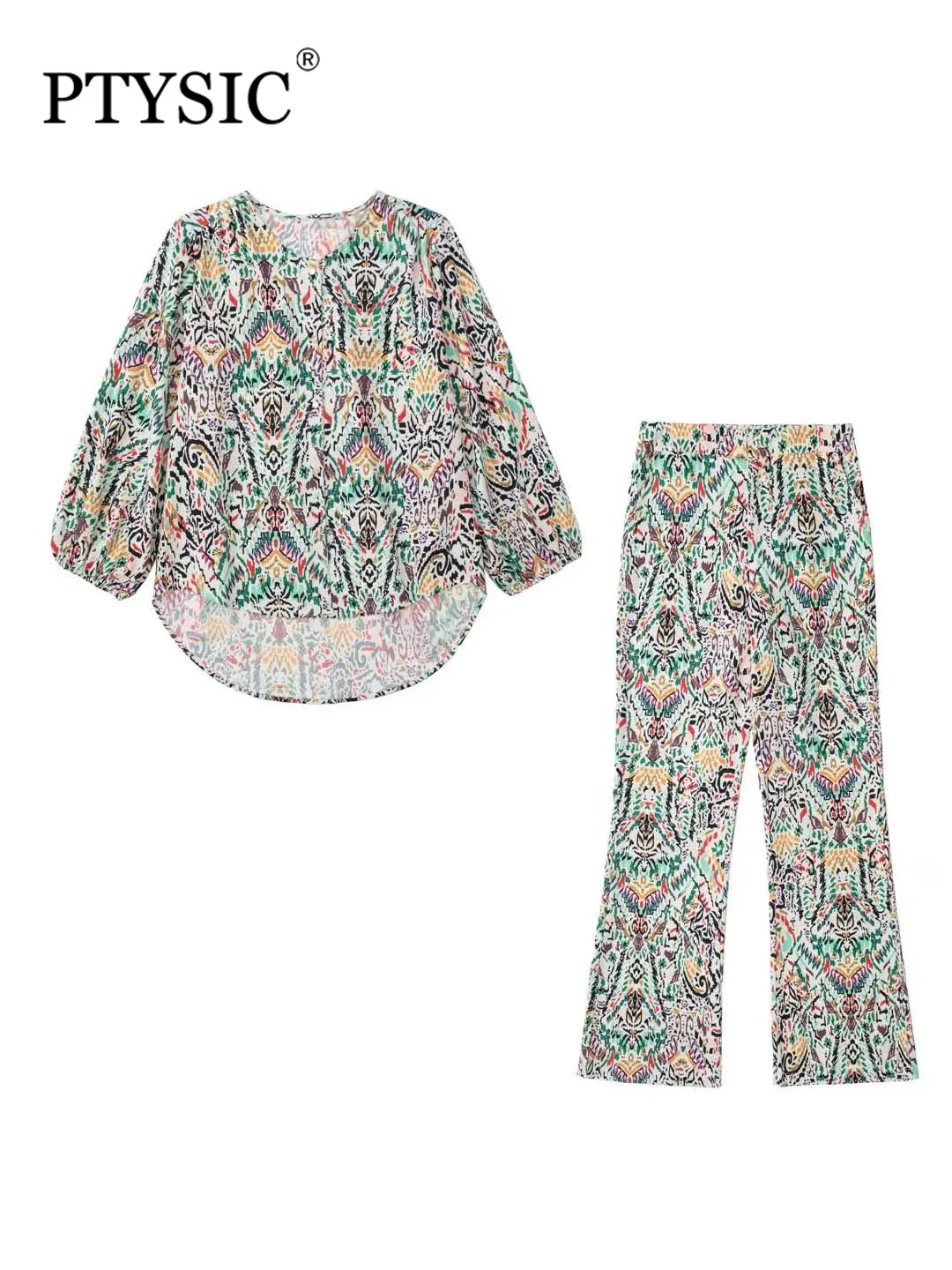 

PTYSIC Women Fashion Print Asymmetrical Loose Wrist Sleeve Shirts High Waist Flare Full Pants 2022 Vintage Two Piece Co-Ords Set