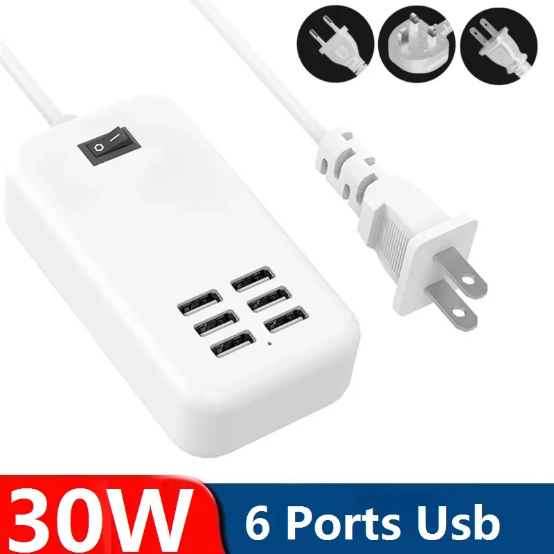 

30W Multi 6 Port USB Charger 3A Rapid Charging Station Mobile Phone Desktop Travel Hub Socket For Iphone 12 13 14 Samsung
